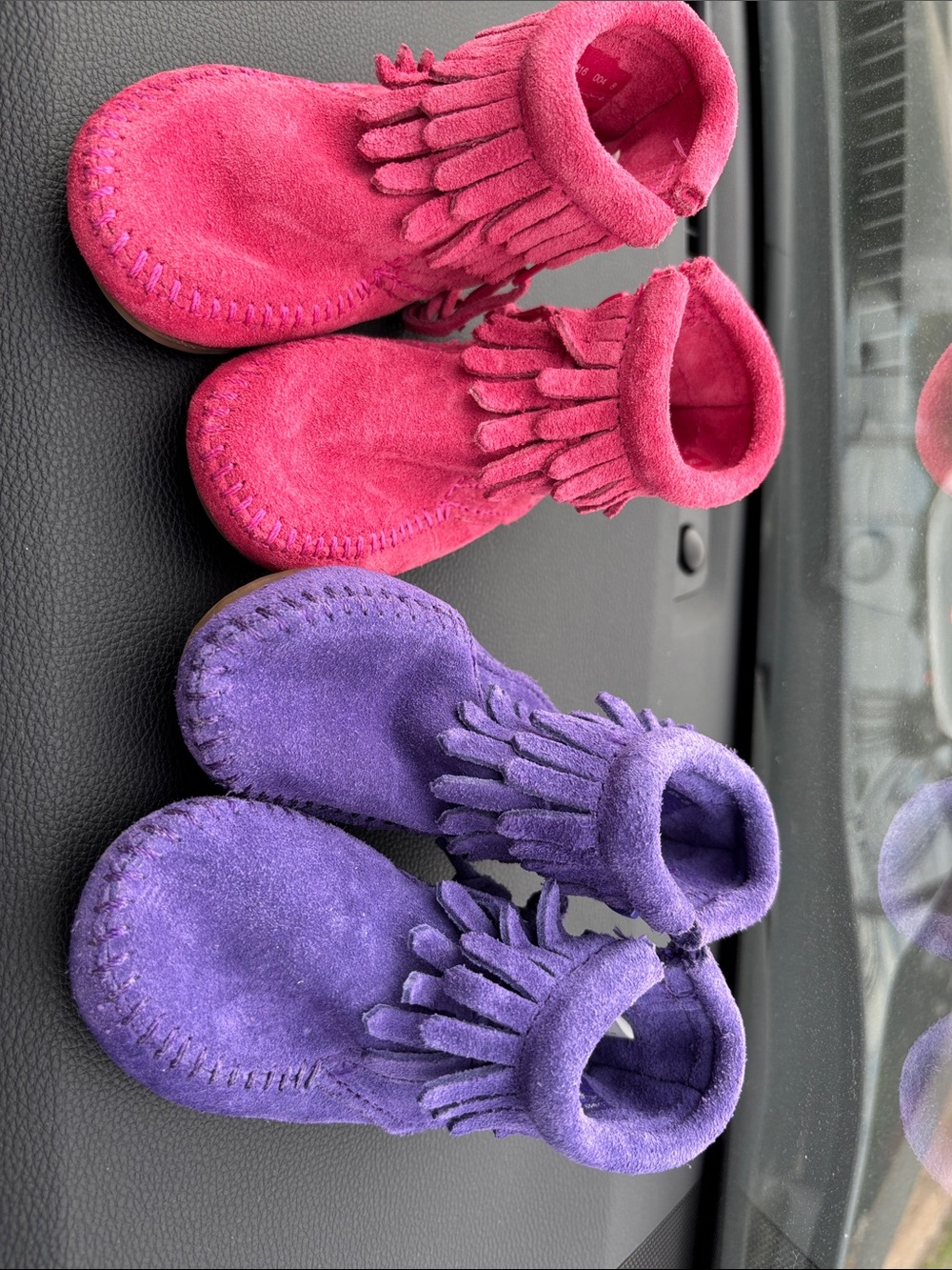 Minnetonka Pink and Purple Suede Fringe Baby Moccasins